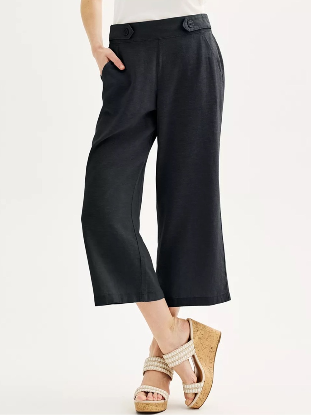 Croft & Barrow black pull on wide leg crop pants pockets linen rayon Medium